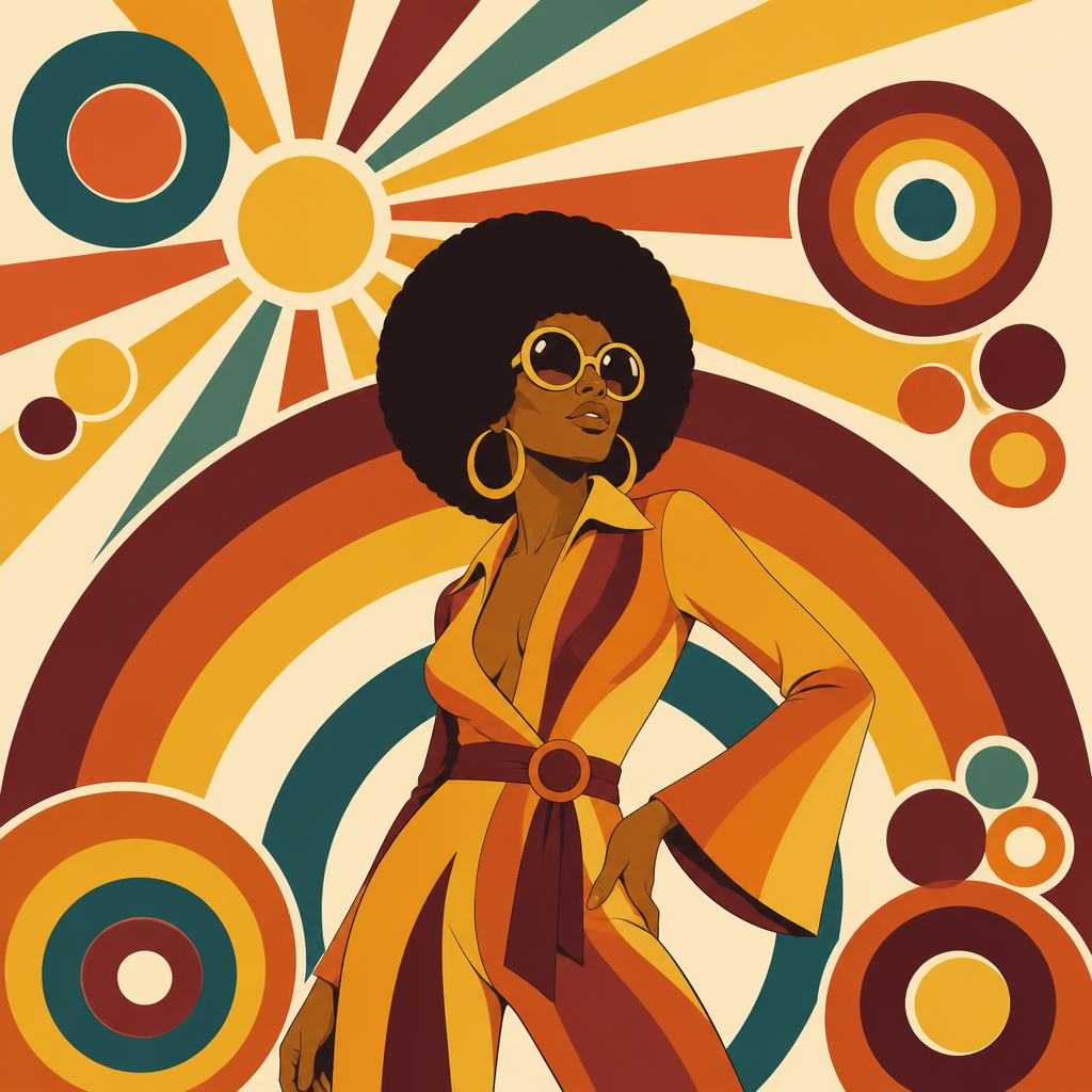 Retro seventies funk illustration of a dancer against sunburst rays